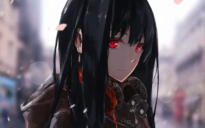Red-Eyed Girl on a Blurred Street HD Wallpaper