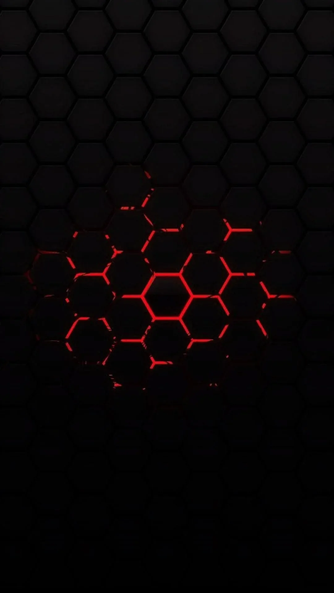 A honeycomb grid sits dark at the edges and burns molten red through the middle, the cells lighting each other like cracked circuitry.