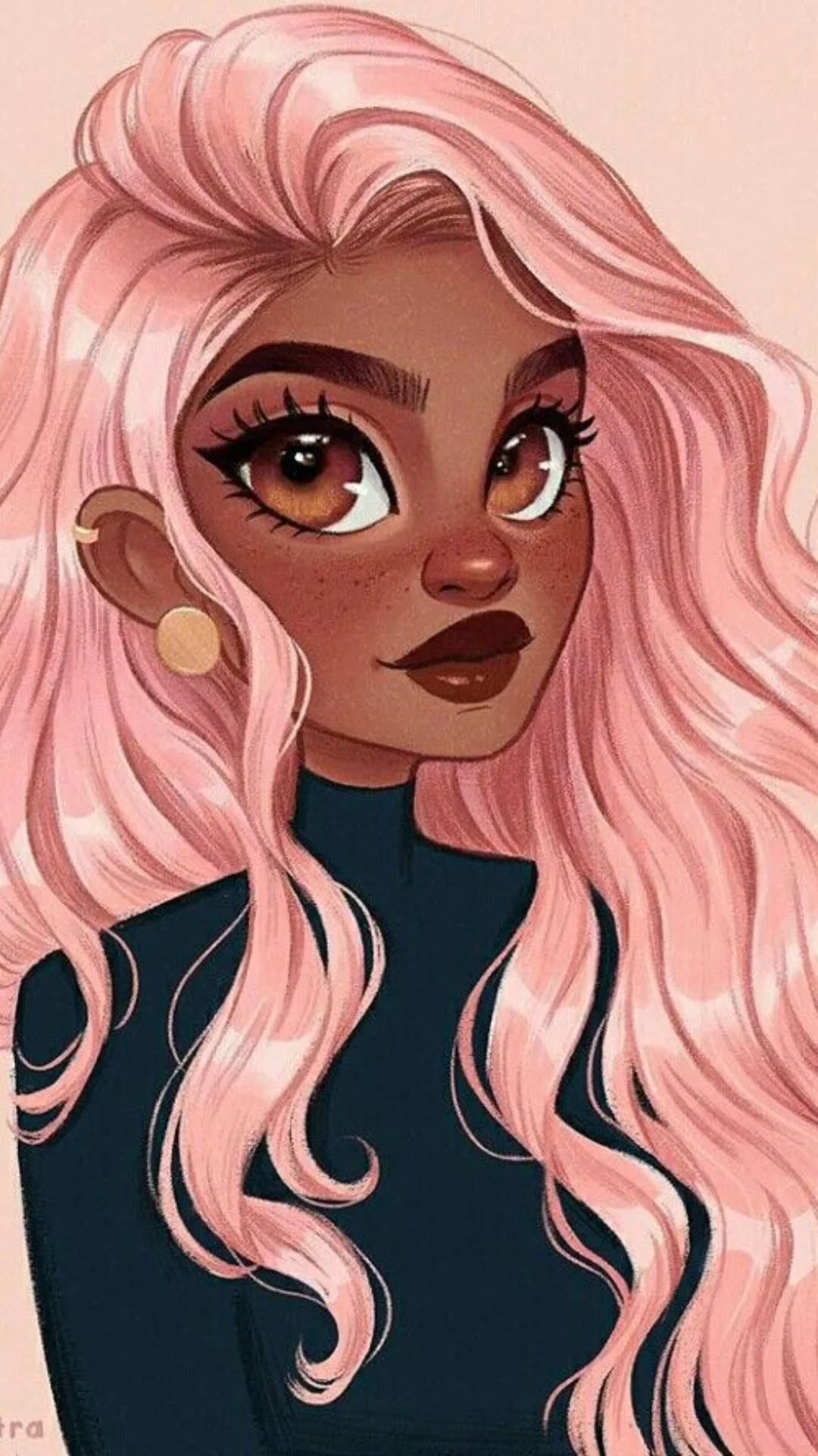 Long pastel-pink waves frame a girl in a dark turtleneck, gold earring catching light; the peach background stays open at the top for the clock.