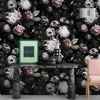 Dramatic Floral Wallpaper White and Pink Flowers on Black Background, Peony Wallpaper