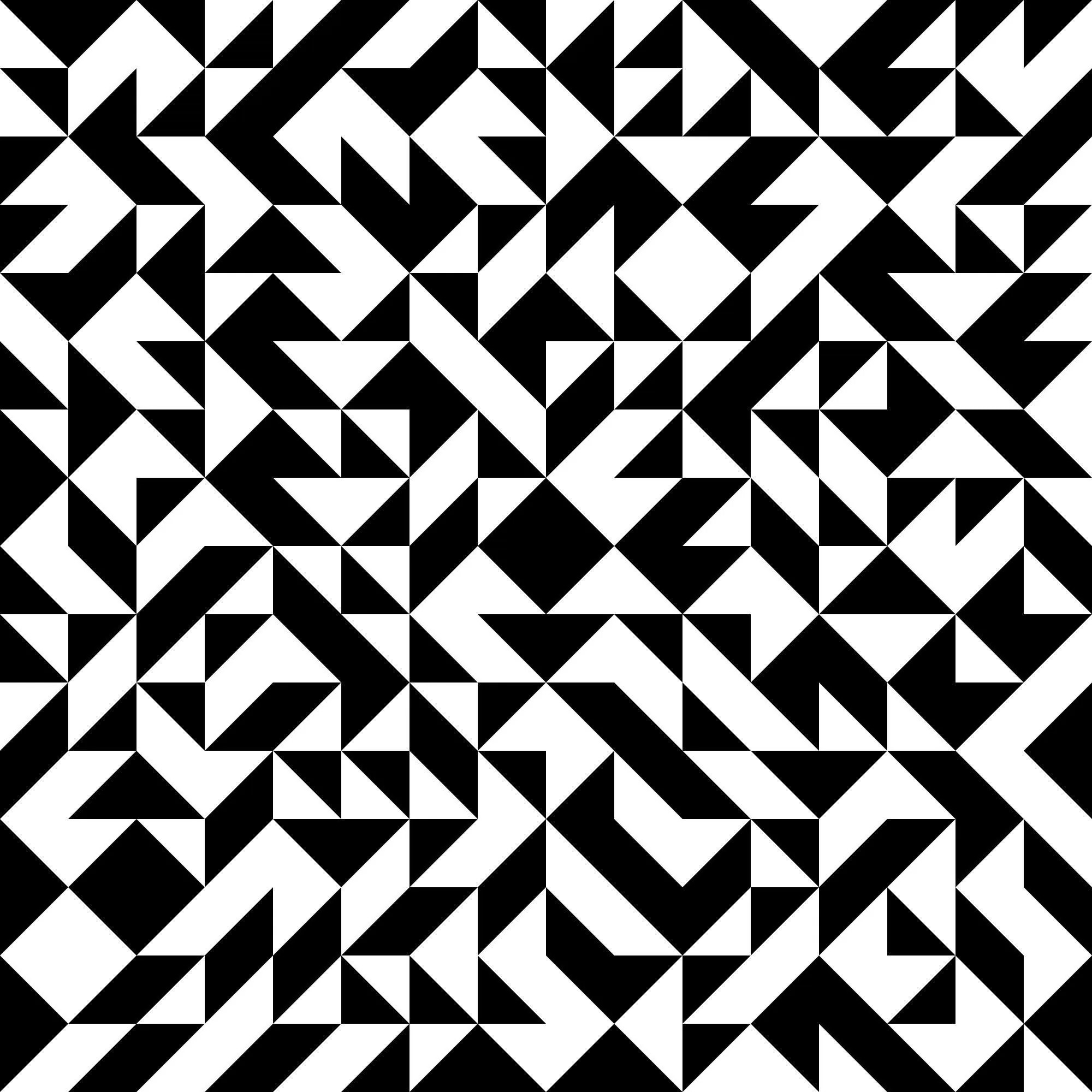 A square grid of black and white half-triangles rotated at random, the eye picking out arrows and zigzags that were never drawn.