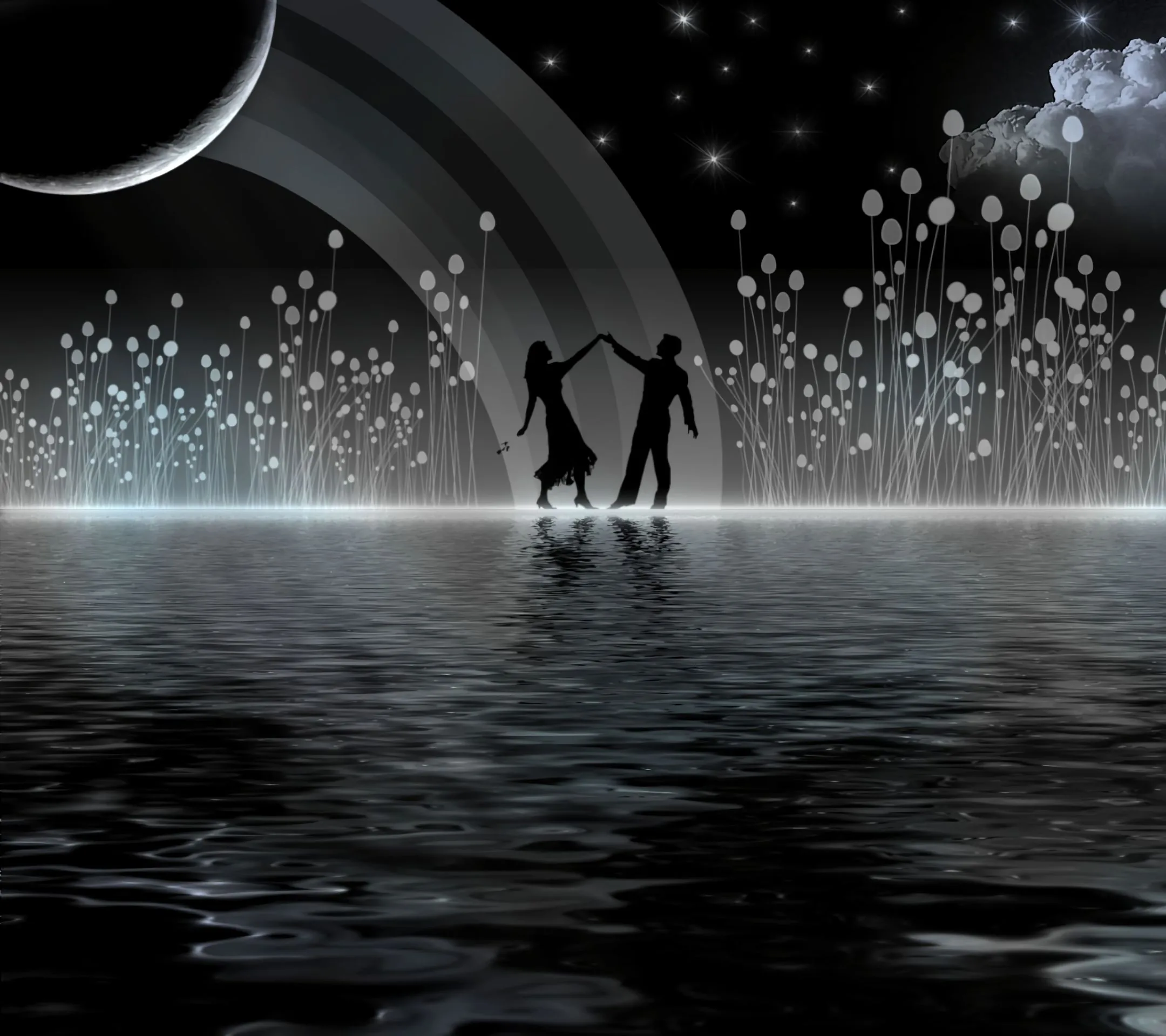 Two silhouettes hold hands and dance on a still black lake, glowing white blooms lining the bank and a ringed planet low in the starry sky.