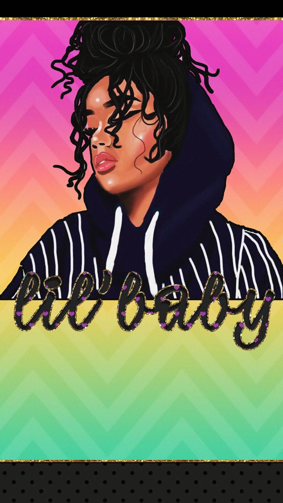 Painted portrait of dark spiral curls and a navy pinstripe hoodie over pastel rainbow chevrons, glitter script crossing the middle and a dotted band below.