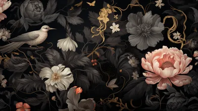 Bird and Peach Peony on Dark Floral HD Wallpaper
