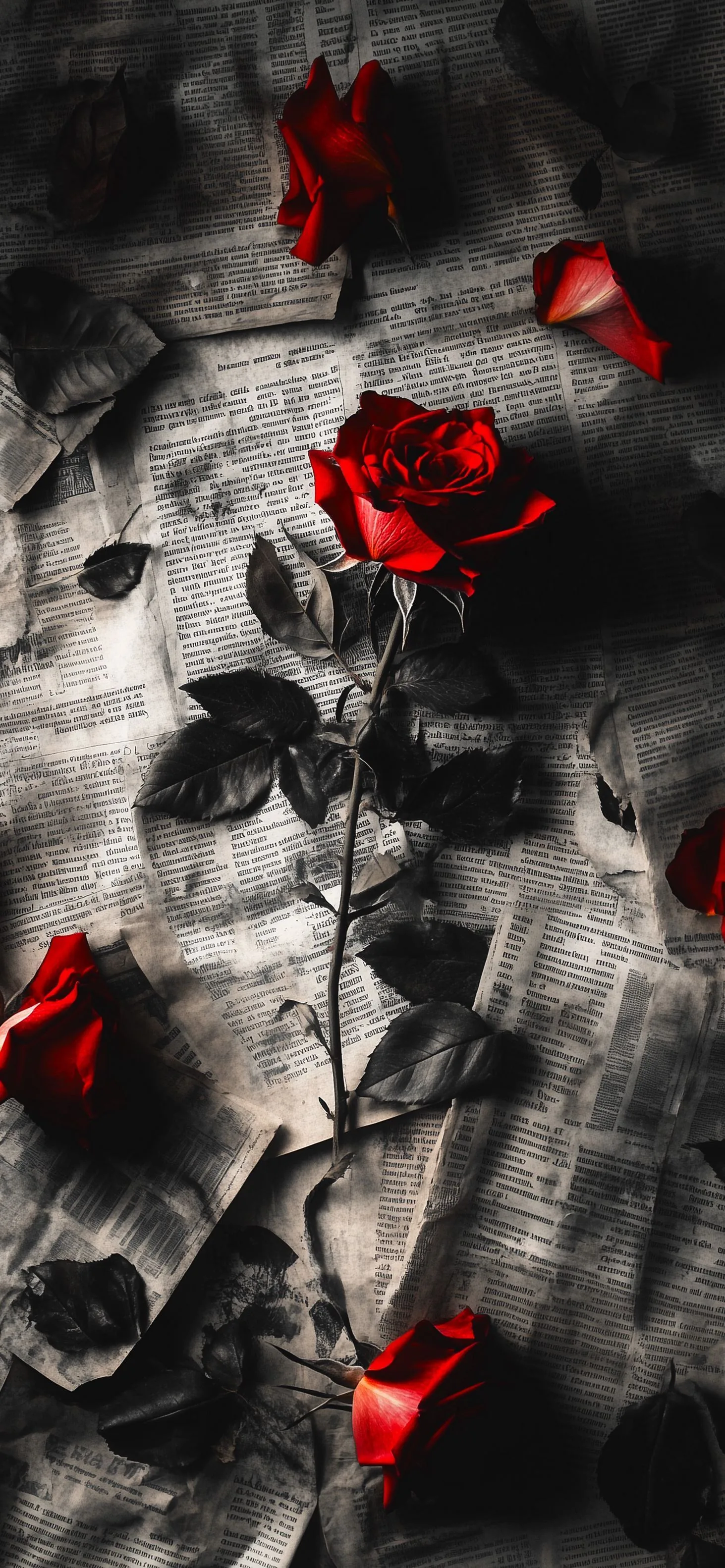 One long-stemmed rose lies over crumpled newsprint in monochrome, loose petals and buds adding spots of red from the top corner down to the lower edge.