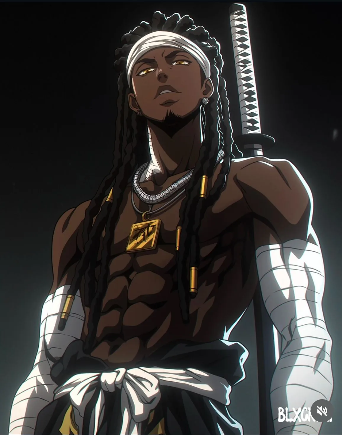 White headband and bead necklace, one arm wrapped in bandages, the sword resting on his shoulder against a plain grey wall.