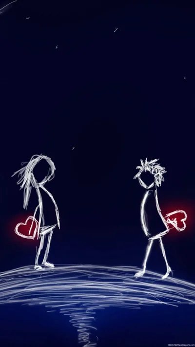 Chalk Stick Figures Holding Neon Hearts HD Phone Wallpaper