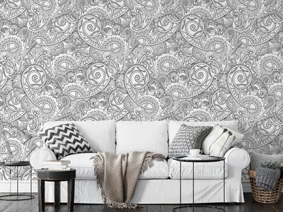 Black Paisley Line Art Design Wallpaper, Monochrome Elegant Paisley Peel & Stick Wall