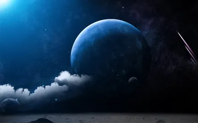 Blue Planet Under Sci Fi Sky with Comet and Clouds HD Wallpaper