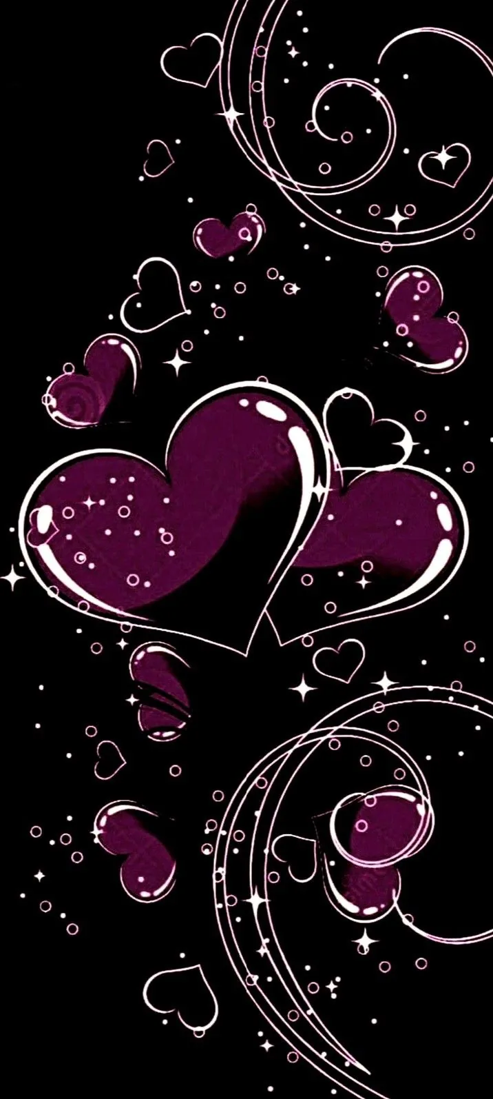 Glossy plum hearts edged in silver cluster around one large pair at centre, spiral flourishes and tiny stars sparkling across the black in between.
