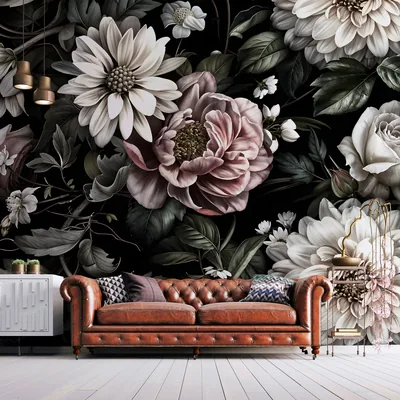 Dark Floral Peel and Stick Wallpaper Black Background Wall Mural, Chrysanthemums, Ros