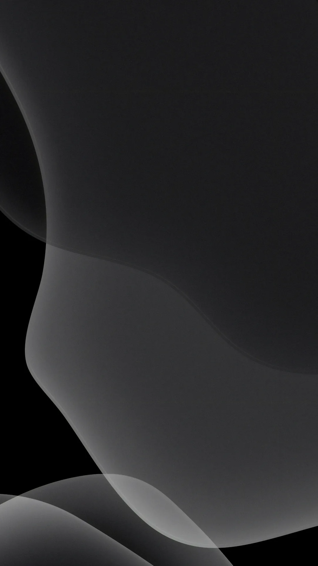 Translucent grey curves drift across a black field, overlapping near the bottom and leaving the upper third clear for the clock.