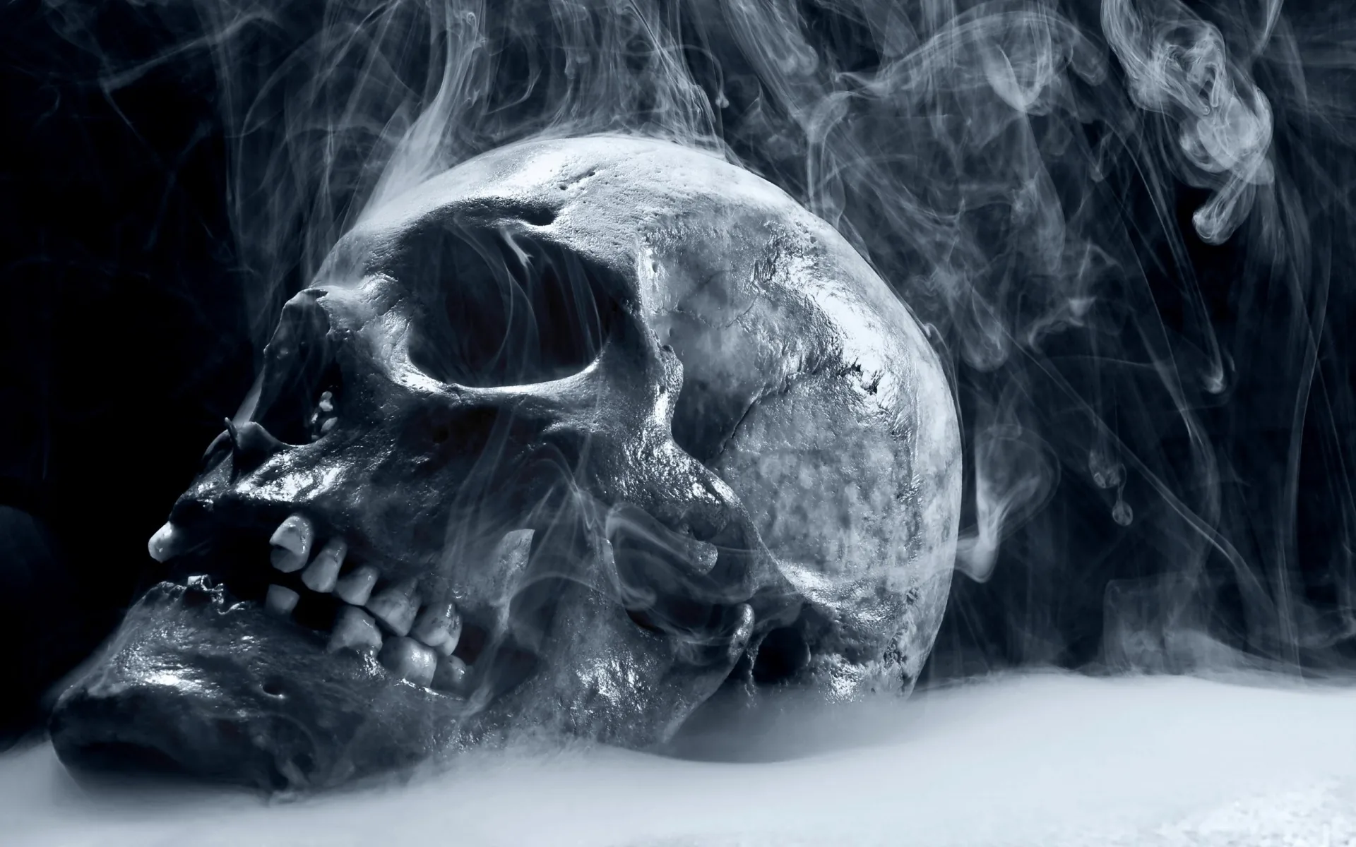 A weathered skull rests on a pale surface with smoke curling around it, the whole scene in cool grey monochrome.