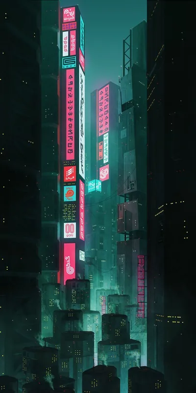 Vertical Signs on Green Tower Blocks HD Phone Wallpaper