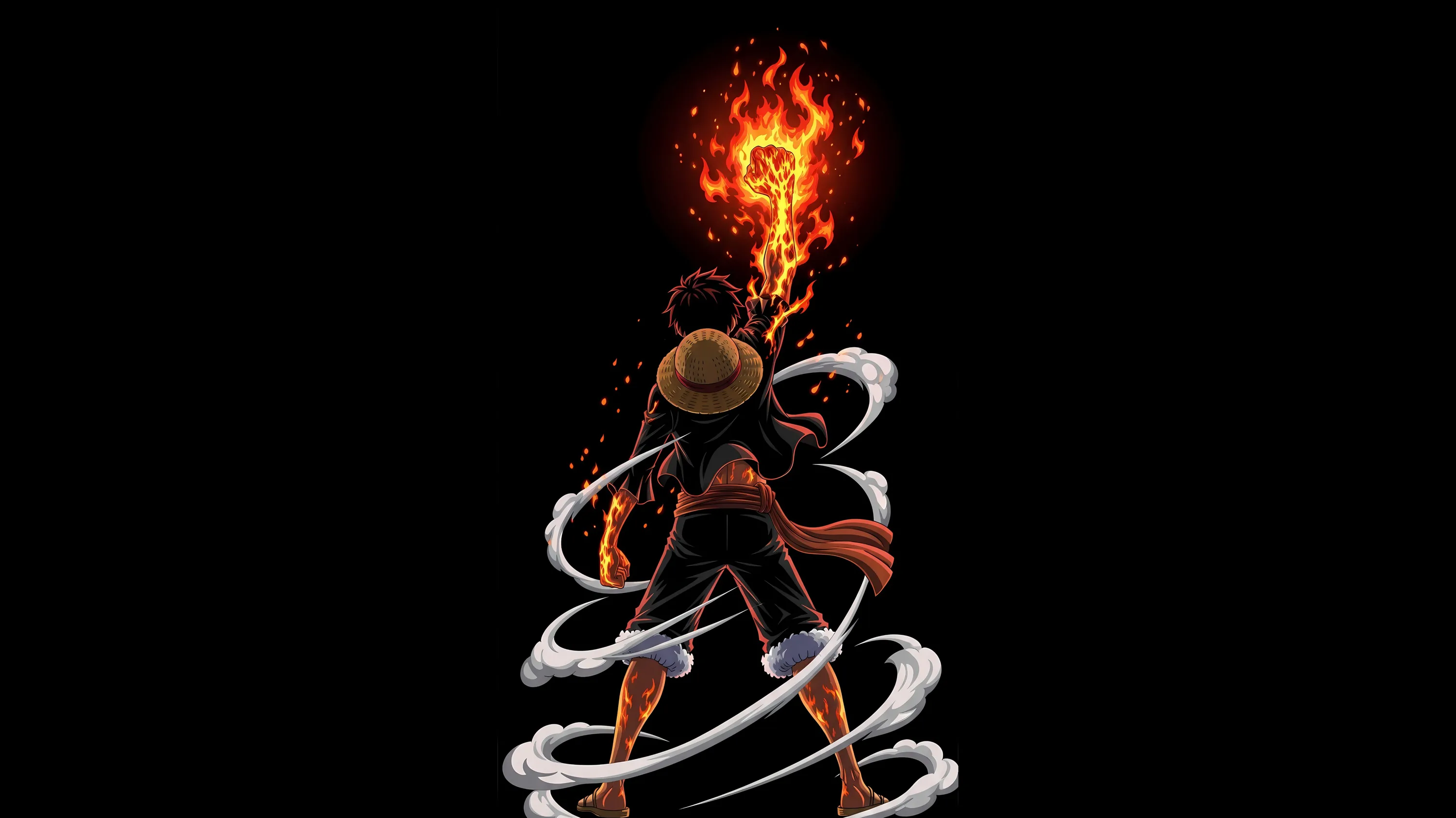 A straw-hatted figure stands mid-stance with fire rising off his head and white wind spirals wrapping his body, the surrounding field solid black.