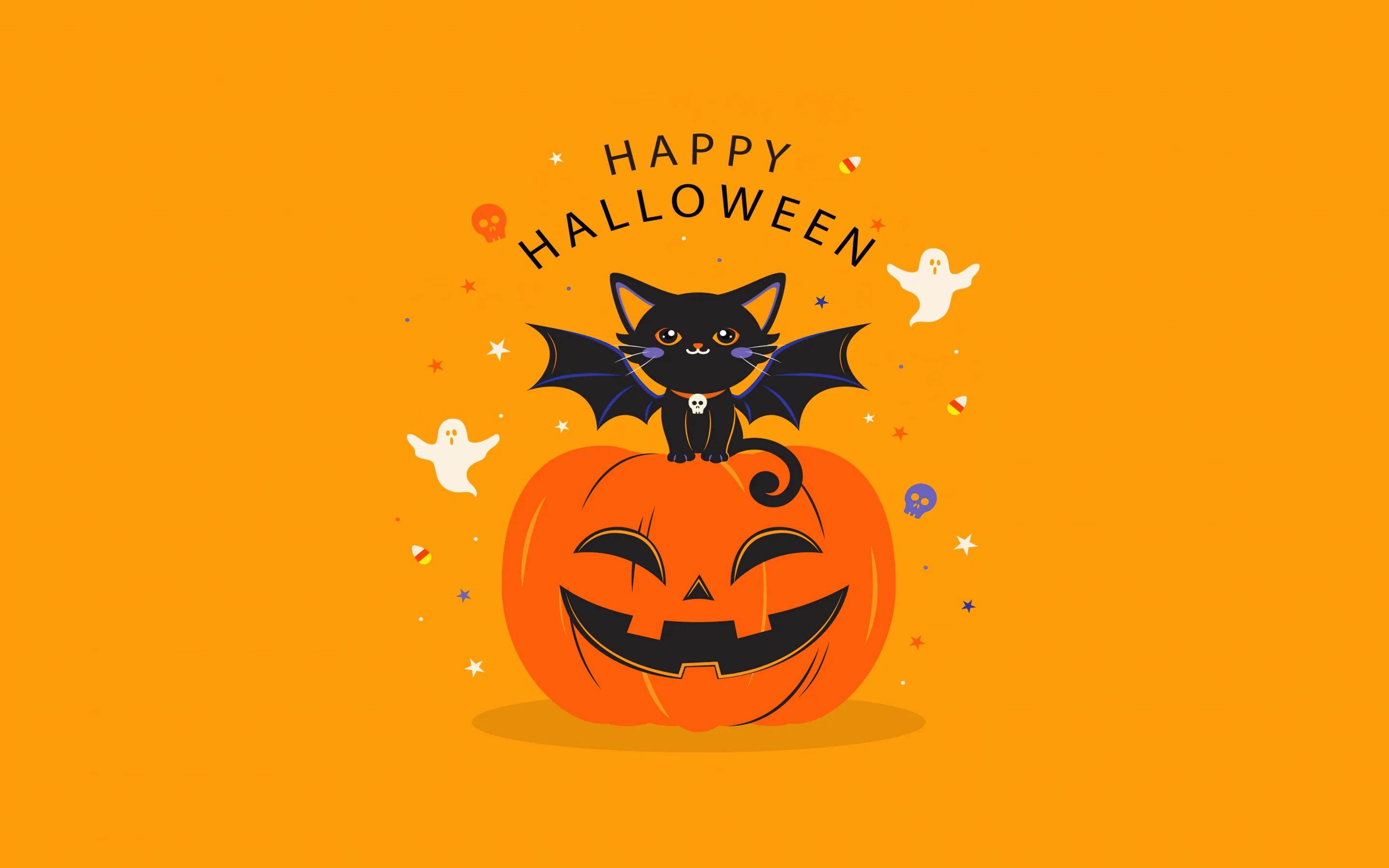 A black cat with spread bat wings perches on a carved pumpkin under arched Happy Halloween text, the flat orange backdrop left open on both sides for icons.