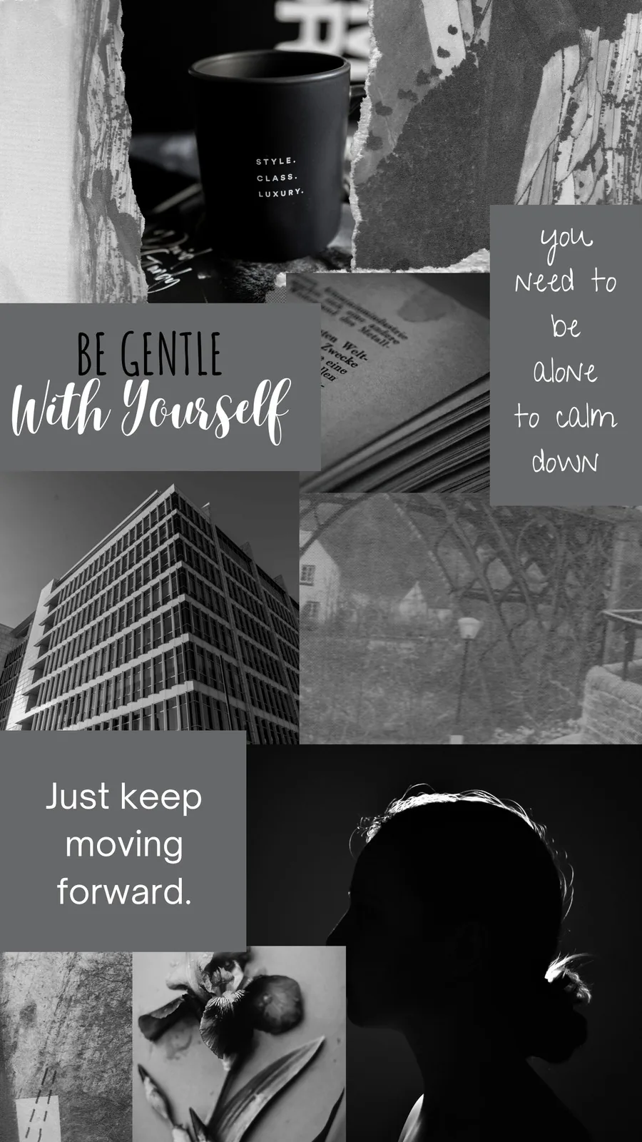Coffee, buildings and a hooded figure sit in washed grey squares, short handwritten reminders laid over three of the tiles in white script.