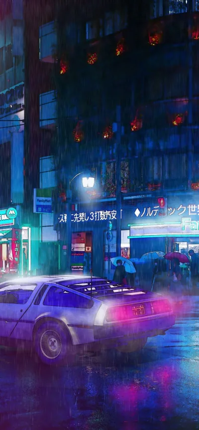 Silver Car on a Rainy Japanese Street HD Phone Wallpaper