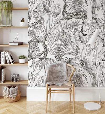 Tropical Leopard Print Wallpaper Black White Jungle Peel and Stick Wall Decor