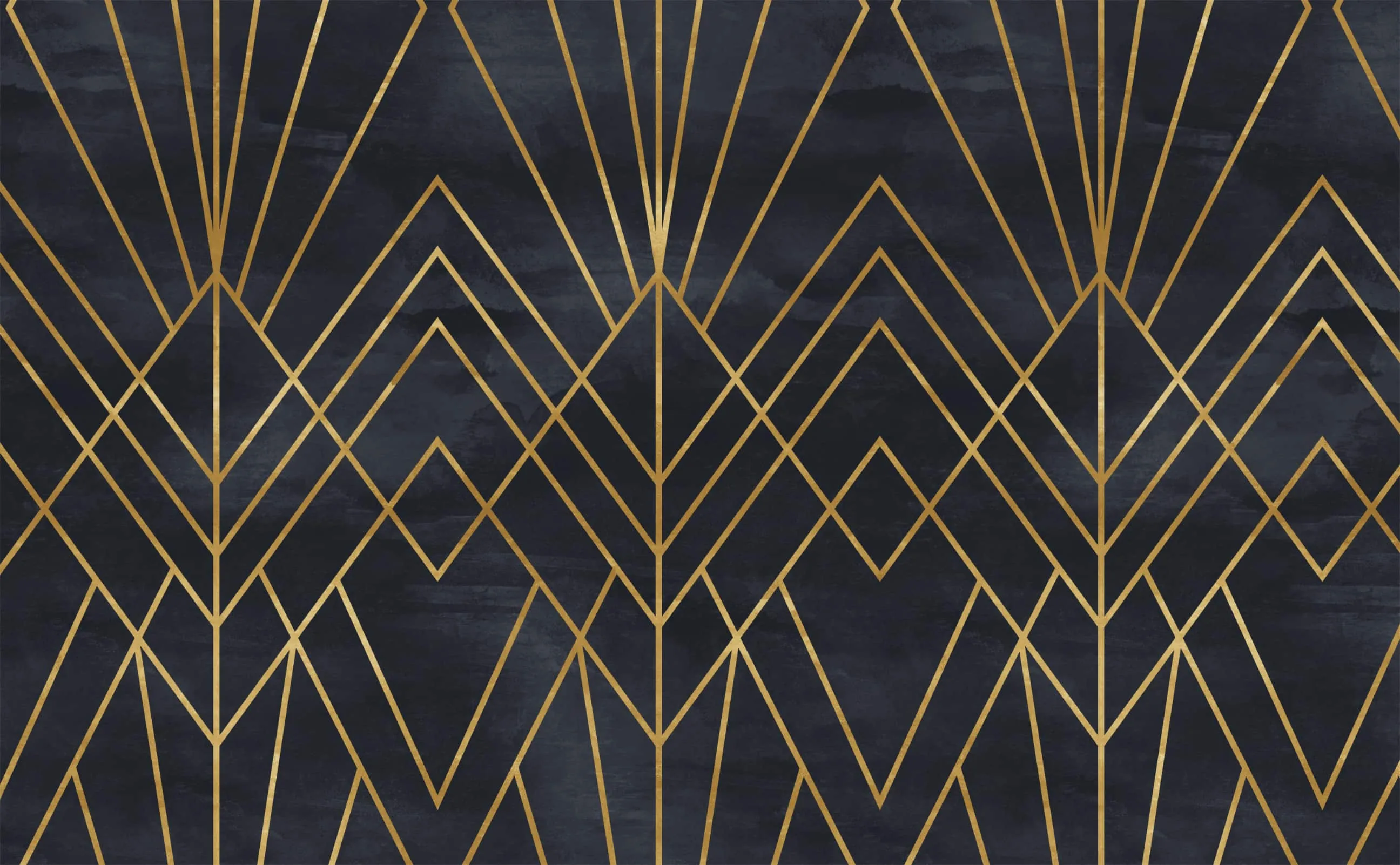 Slim brass lines join stacked chevrons into a symmetric art deco lattice over a washed charcoal ground, the repeat even enough that icons read anywhere.