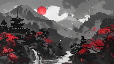 Sumi-e Mountains with Red Sun HD Wallpaper