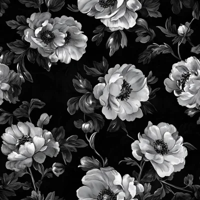 Black and White Floral Wallpaper, Vintage Flower Pattern Monochrome