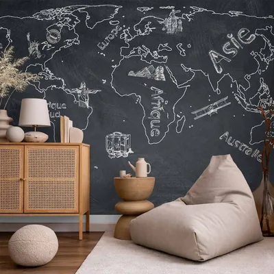 Photo Wallpaper World Map continents drawn with chalk on a black background bimago