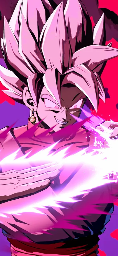Game art of a Rosé Saiyan swinging a bright pink slash across his chest, the tall crop keeping his face in the top third above any dock icons.