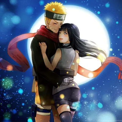Naruto wraps Hinata in his long red scarf against a huge full moon, teal sparks drifting through the night — the square crop keeps the couple centred on any screen.