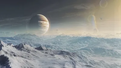 Frozen Planet Surface Under a Gas Giant HD Wallpaper