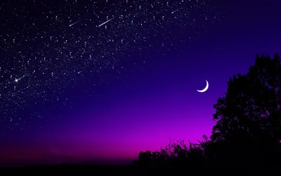 Crescent Moon over a Starry Purple Sky HD Wallpaper