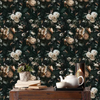 Black Floral Wallpaper Removable Vintage Flower Wallpaper Shelf Liner Locker