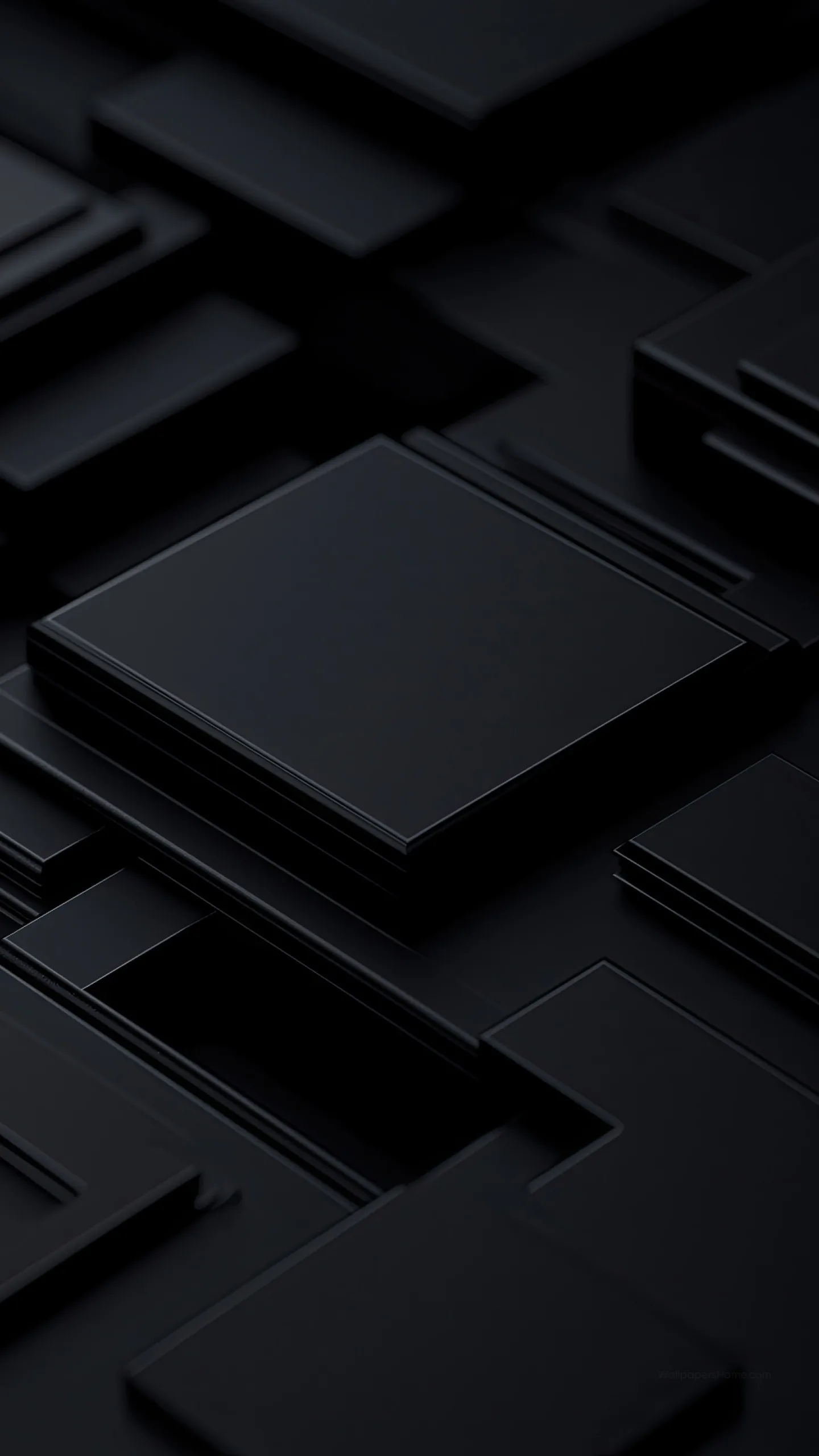 A 3D render of matte square slabs stacked at a slight angle, one raised block catching pale light near the centre of this tall frame.
