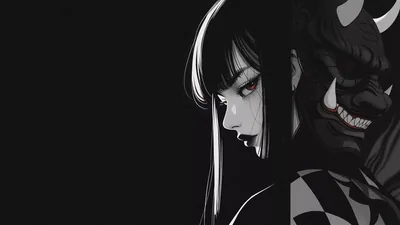 Monochrome Anime Girl with an Oni Mask HD Wallpaper