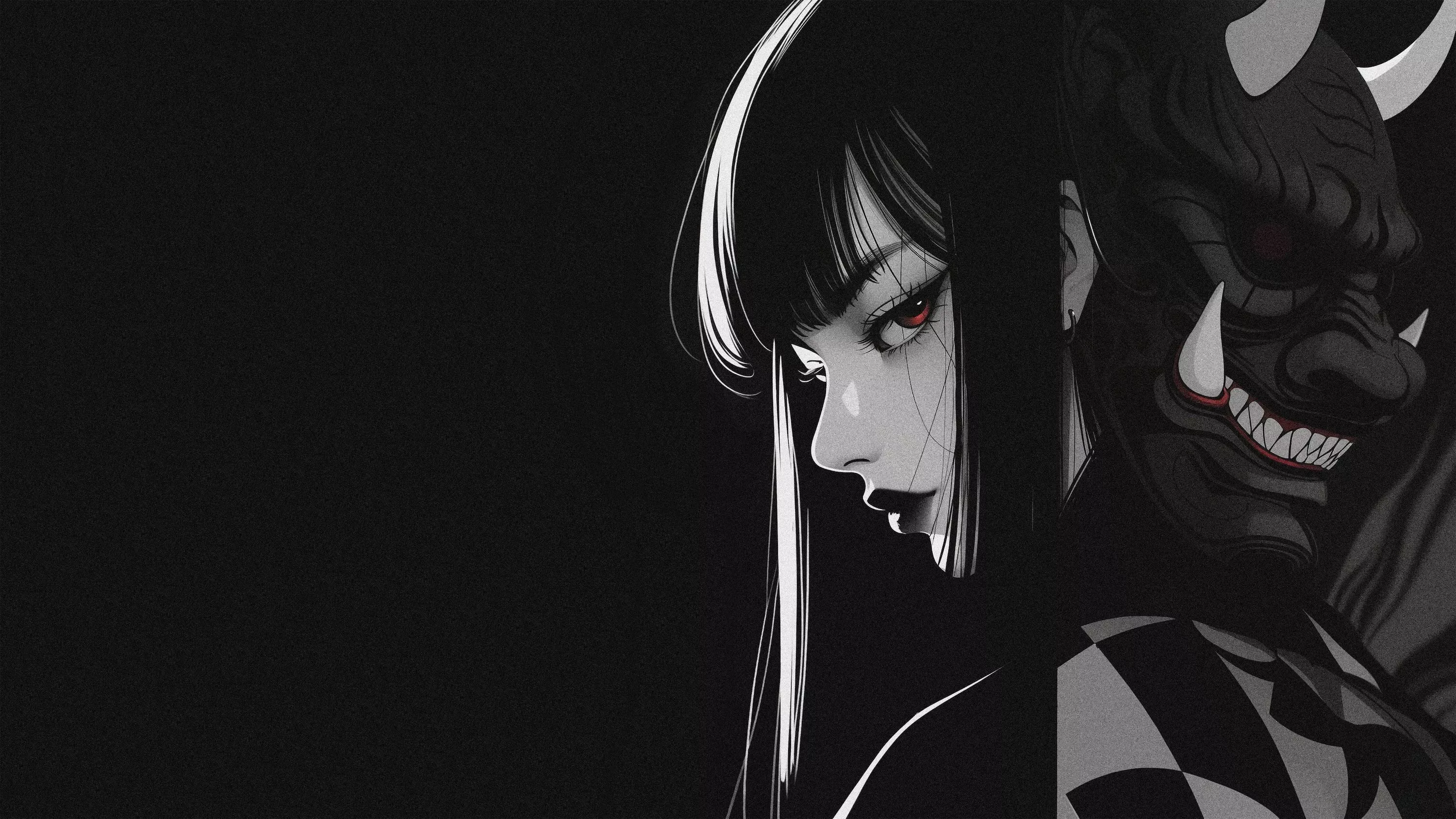 She turns in profile with long black and white hair while a horned demon mask looms at her shoulder, everything in cold greyscale.
