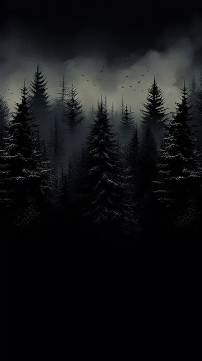 Pine Forest Silhouette Under a Grey Sky HD Phone Wallpaper