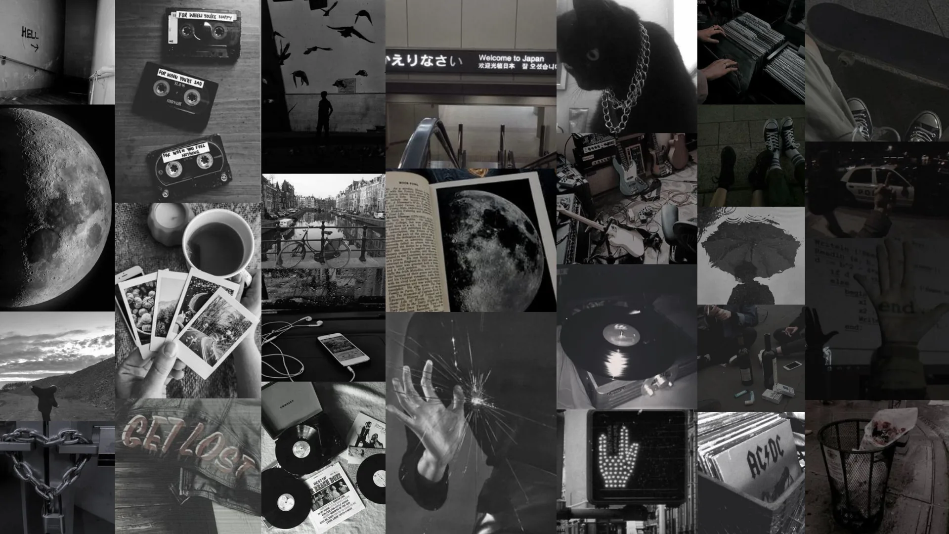 Polaroids, cassette tapes, a turntable and a full moon laid out in a tight grid, all desaturated to soft grey on black.