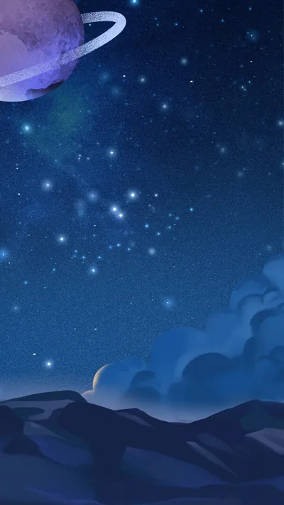 Illustrated Night Sky with Ringed Planet HD Phone Wallpaper