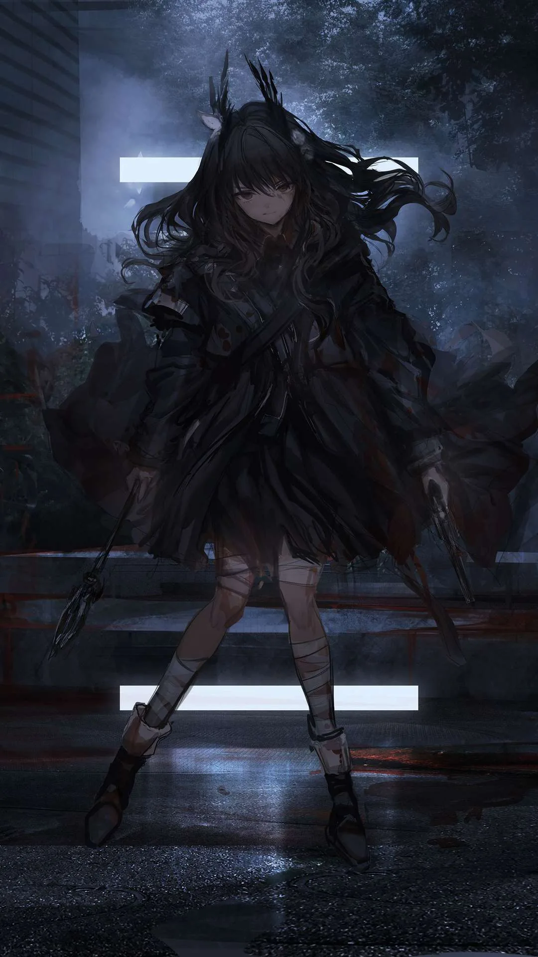 A horned girl in a windblown black dress walks a rain-dark street, pale light bars glowing behind her while the foreground falls to shadow.