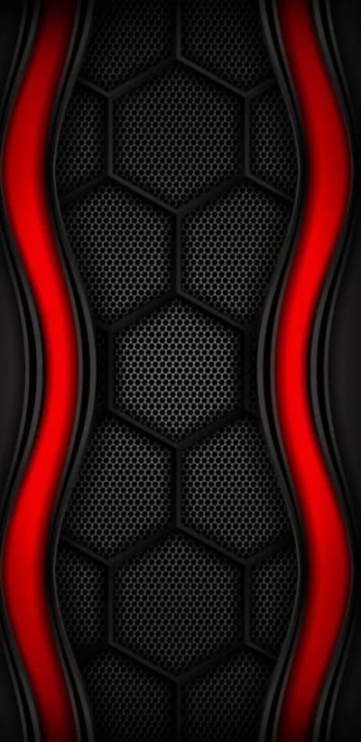 Red Curves over Black Hex Mesh HD Phone Wallpaper