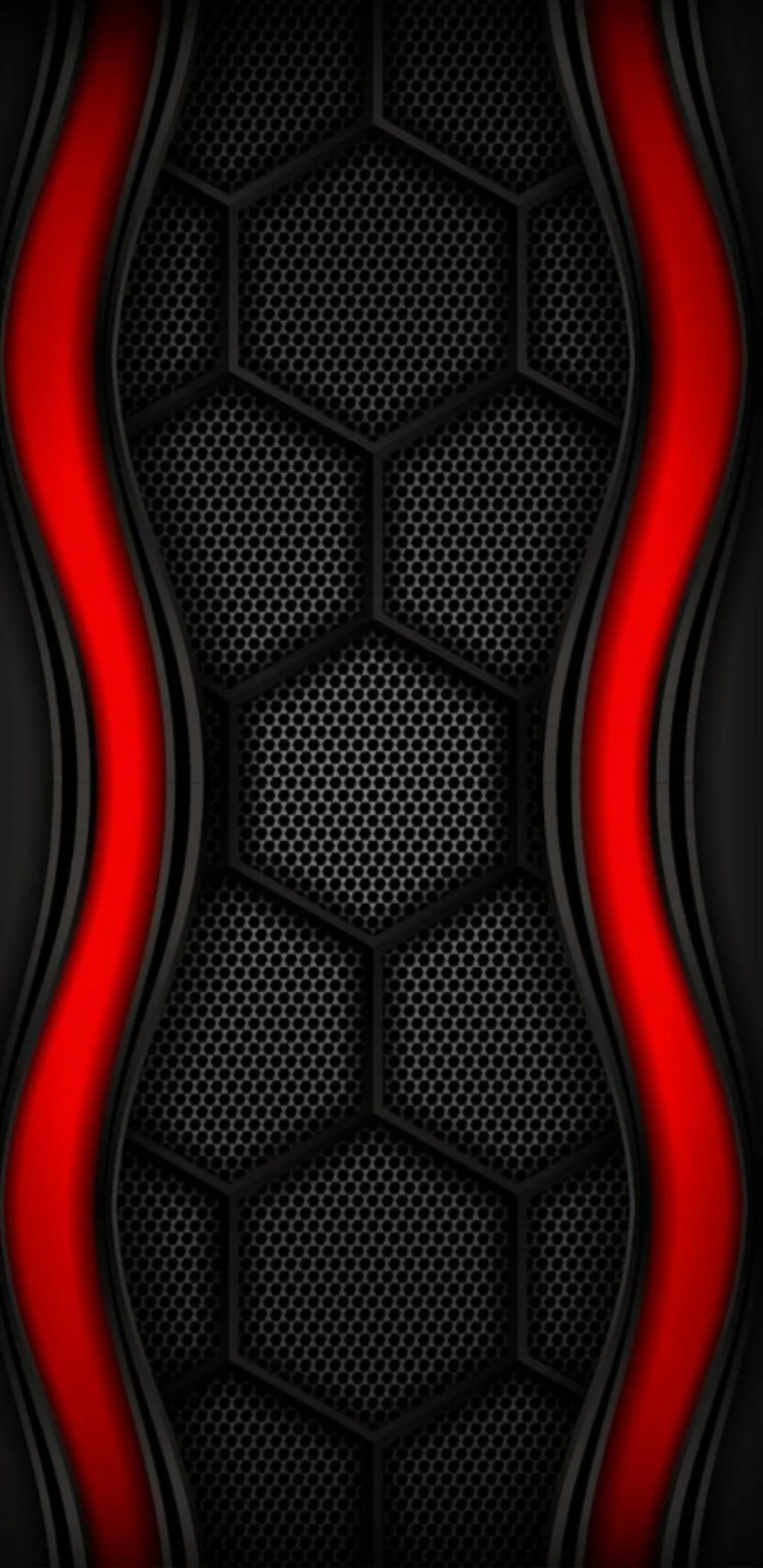 Two red curves run the height of a phone screen and frame a panel of black hexagon mesh, a fine dotted grid sitting behind it.