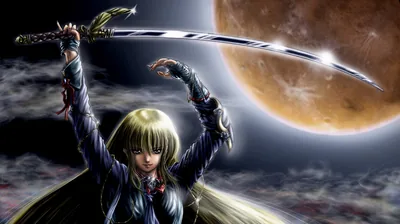 Katana Raised Before a Giant Moon HD Wallpaper