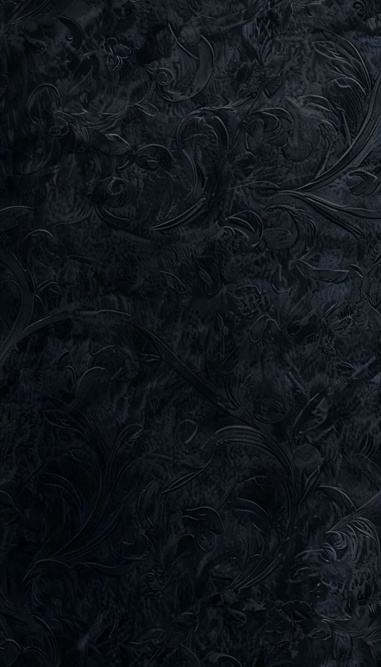Feather-like flourishes rise in low relief from an ink-blue black surface, evenly textured down this tall frame so app icons read clearly anywhere.