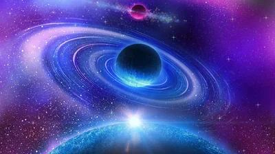 Ringed Blue Planet in Purple Space HD Wallpaper