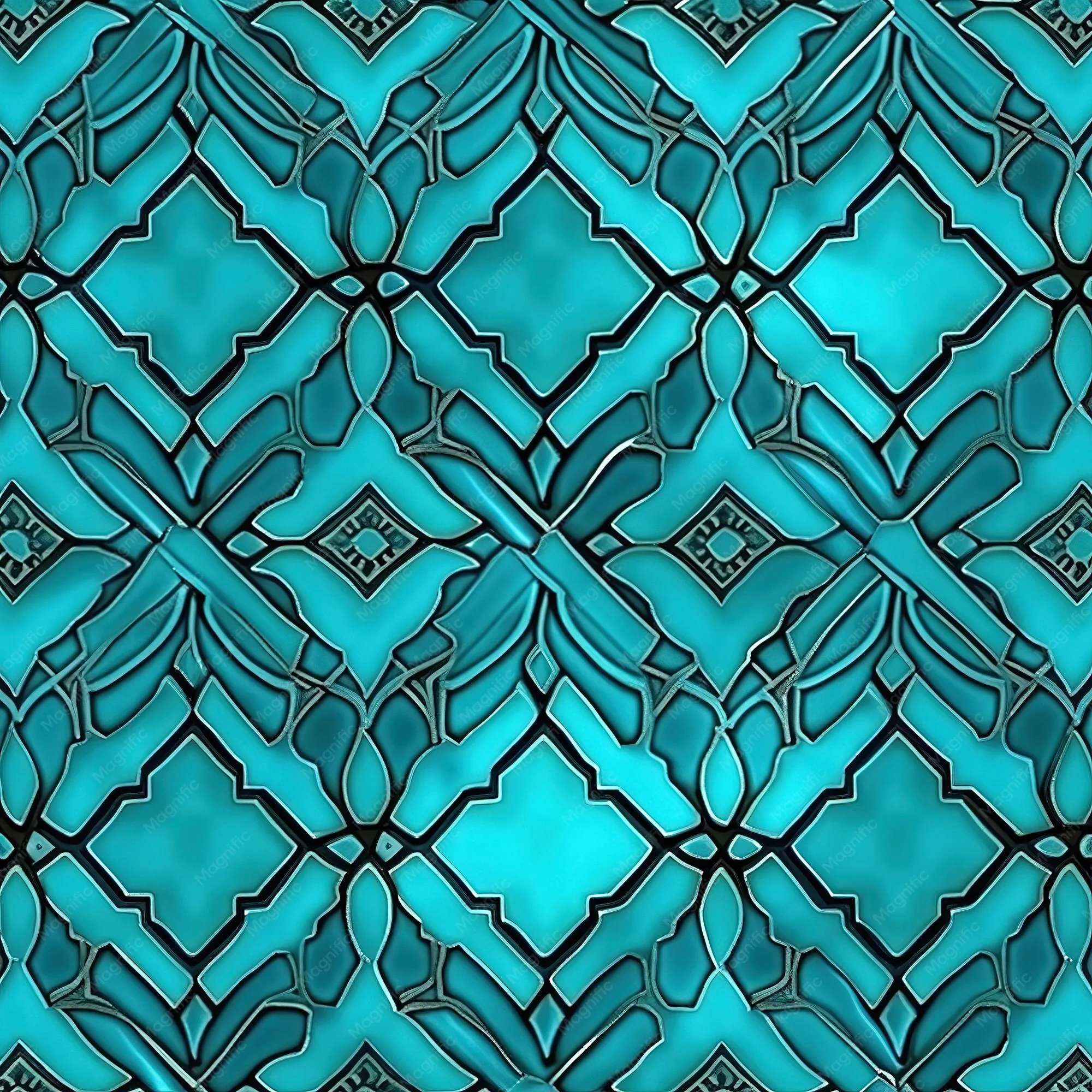 Bright turquoise panes sit inside a dark leaded lattice like stained glass, the repeat symmetrical and busy from edge to edge with no quiet area for icons.