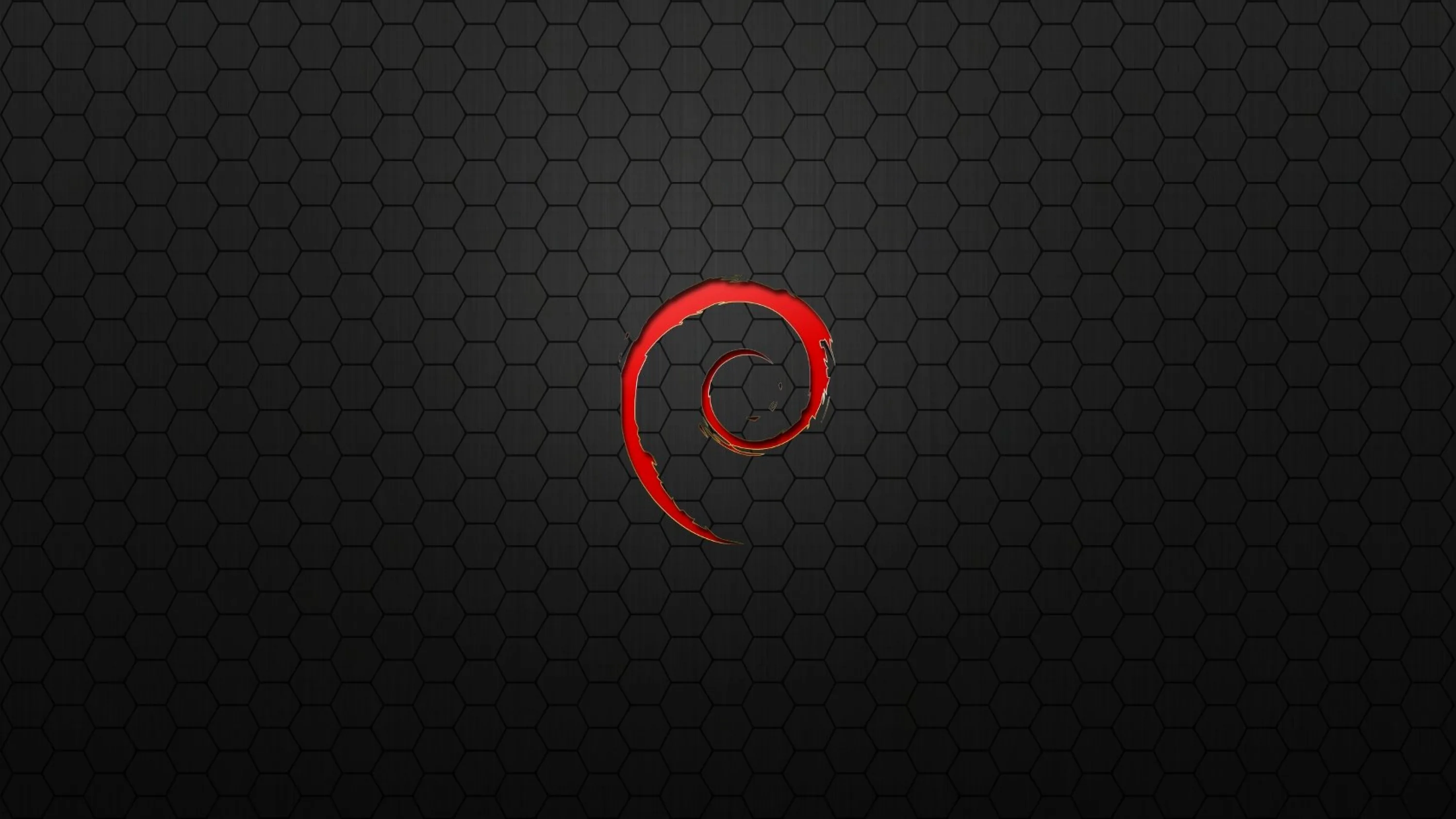 The red Debian spiral sits slightly right of centre on a dark hexagon-mesh background that fades to black at the corners.