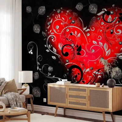 Wall Mural Abstraction with heart red heart with ornaments on black background bimago