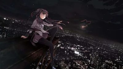 Anime Girl on a Rooftop Above City Lights HD Wallpaper