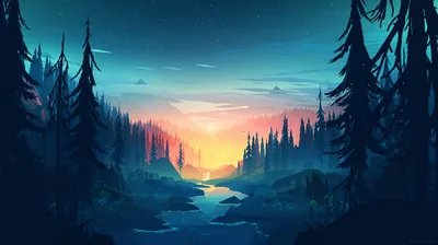 Dawn Over a Pine Forest River HD Wallpaper