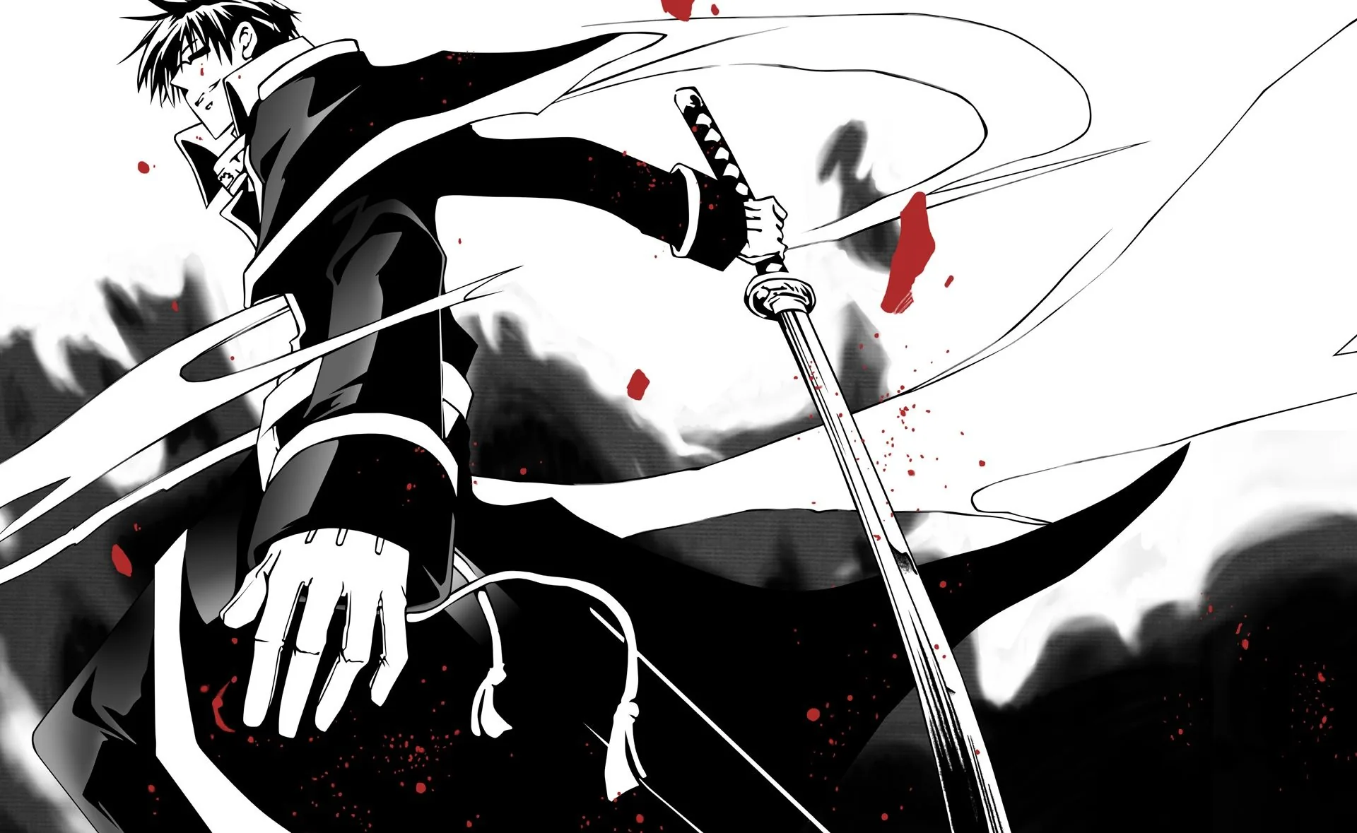 Flat black brushwork on white, a sword pulled level with the eye and a few red flecks the only colour in the whole panel.
